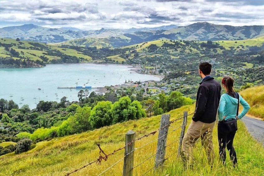 A couple standing on a grassy hill overlooking a bay with boats, surrounded by green hills and a cloudy sky. 2