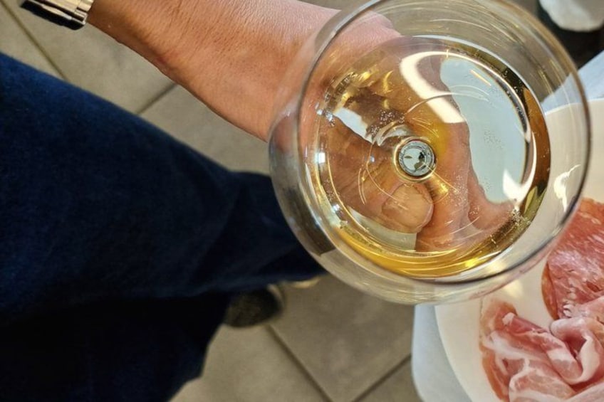 A person holding a wine glass with a white liquid, wearing a watch, and standing next to a plate with meat. 4