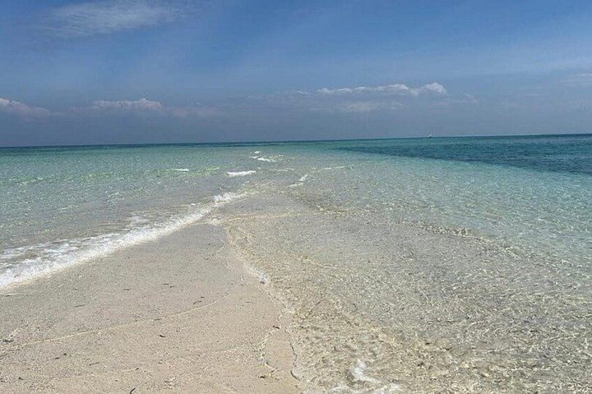 A beach with clear shallow waters and a distant ship. 2