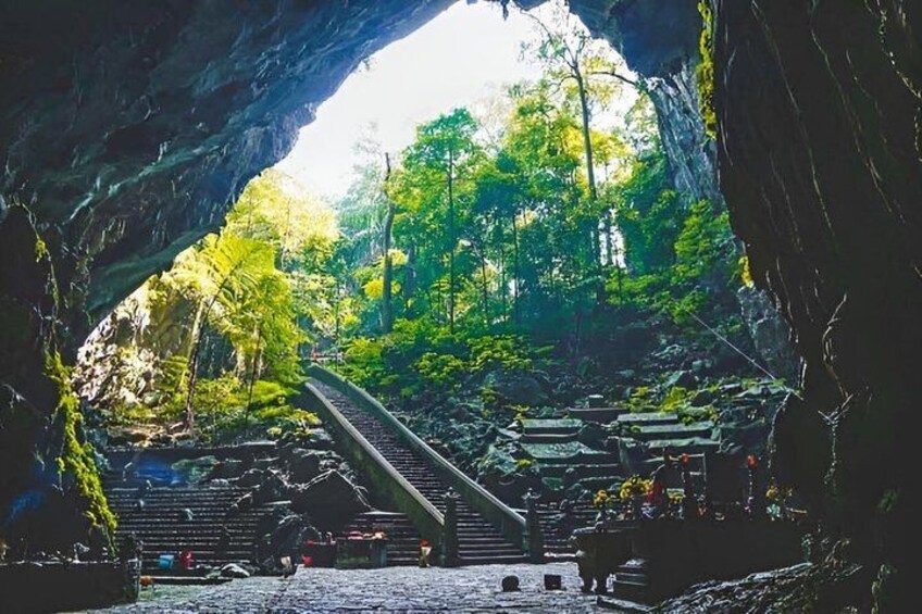 A cave opening to a forested area with a stone staircase leading down. 4