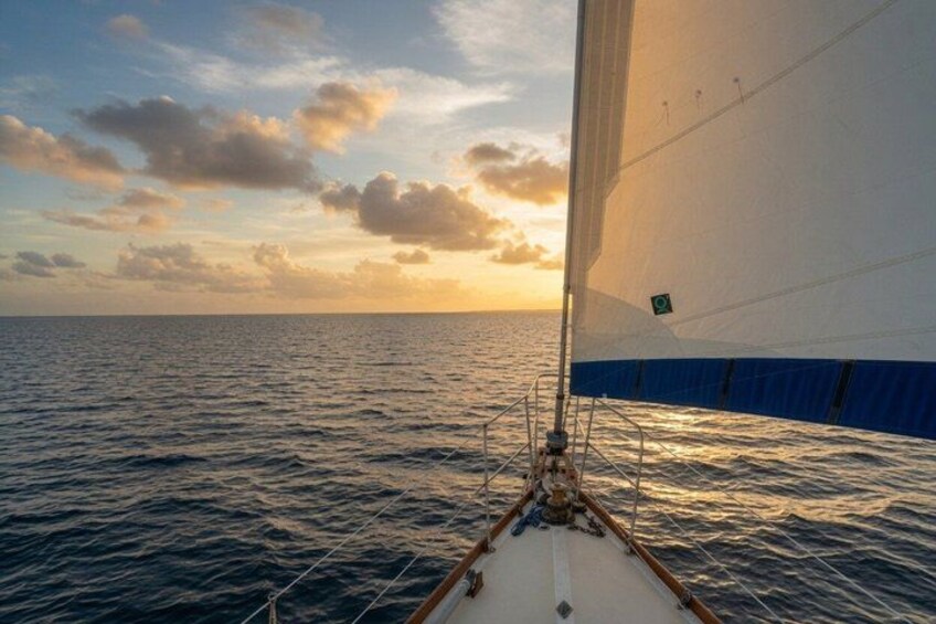 A sailboat on the ocean with a sunset in the background. 4