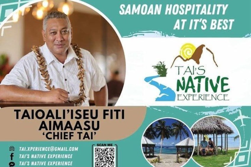 A person in a white shirt with a lei, a logo for 'TAI'S NATIVE EXPERIENCE', and a beach scene with a hut. 5