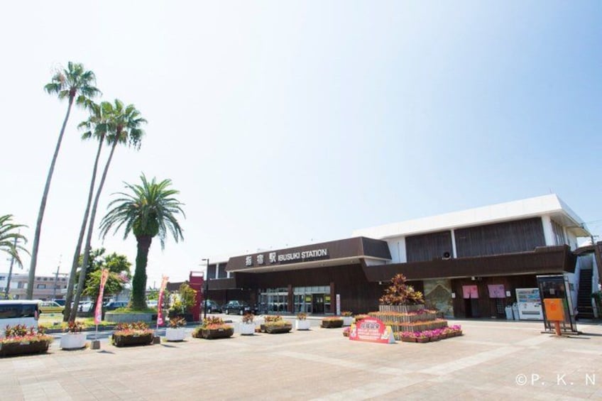 A modern building with a sign reading 'BUSSUKI STATION' and palm trees in the foreground. 3