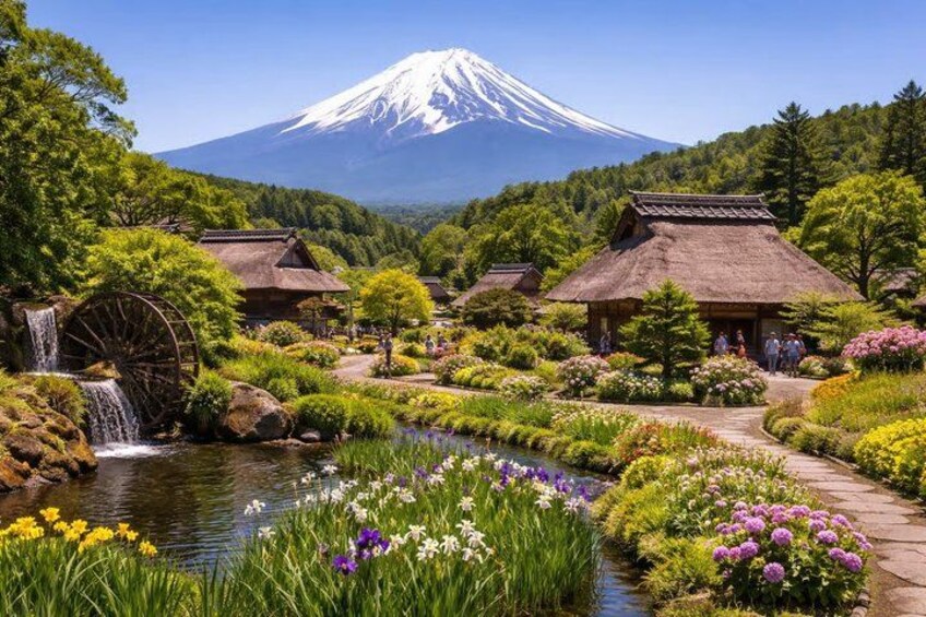 A traditional Japanese garden with a water wheel, a pond with flowers, and a mountain in the background. 4