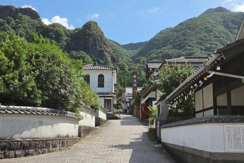 A traditional Japanese village street with buildings, a mountain backdrop, and a clear sky. 1