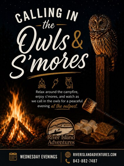 A poster for River Island Adventures with a campfire, marshmallows, and an owl. 1