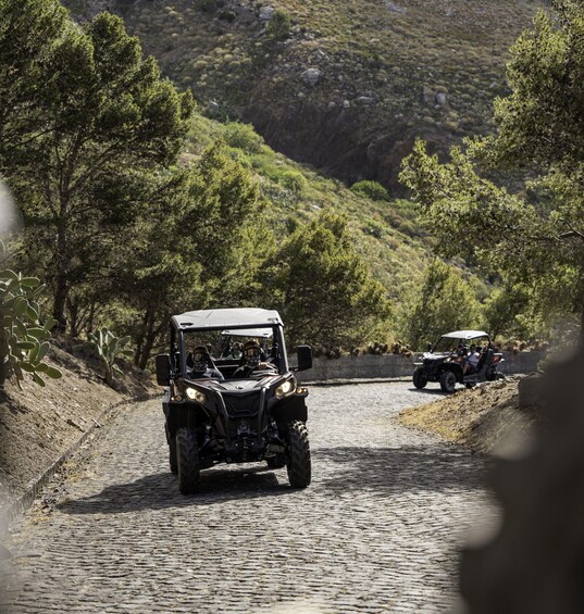 Off-road vehicles on a cobblestone path surrounded by trees and hills. 4