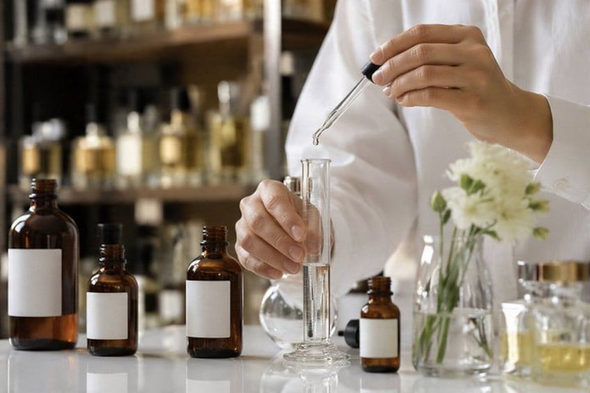 A person in a lab coat handling a pipette, with various bottles and containers on a table. 1