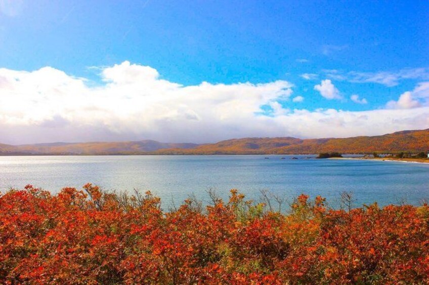 A lake with autumn foliage in the foreground, a clear sky, and distant hills. 4