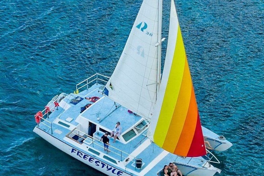 A sailboat with a colorful sail, named 'FREESTYLE,' on the water. 1