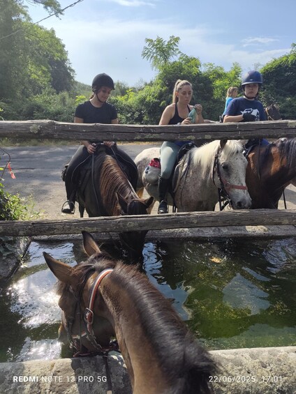 A group of people riding horses along a road with a wooden fence and a body of water in the foreground. 2
