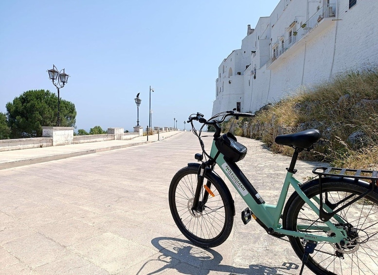 A teal electric bicycle parked on a paved walkway with a white building and trees in the background. 2