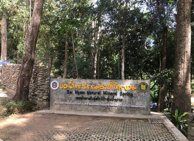 A signboard with text in a non-Latin script, surrounded by trees and a stone wall. 5