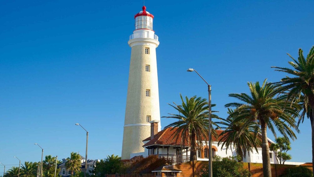 A tall lighthouse with a red top, surrounded by palm trees and a building with a red-tiled roof. 1
