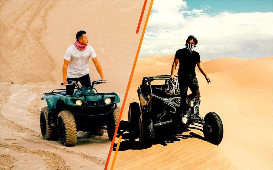 Two people on ATVs in a desert landscape with sand dunes. 1