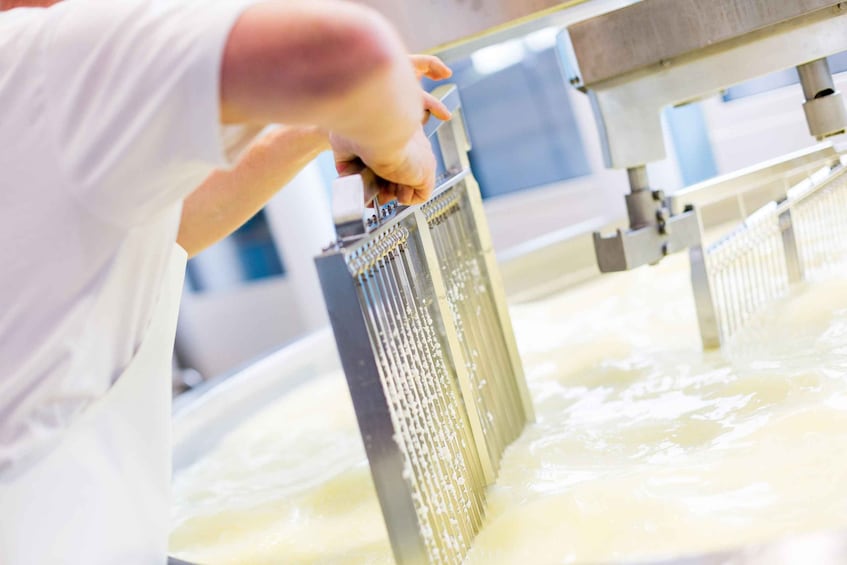 A person operating a machine that appears to be involved in a food processing or manufacturing activity. 1