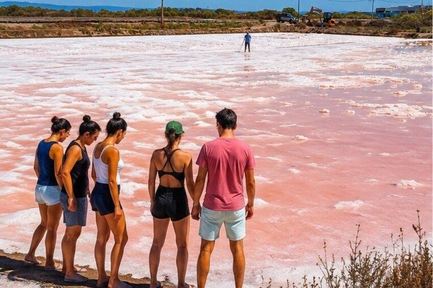 A group of people standing on a pink salt flat with a person in the distance. 2
