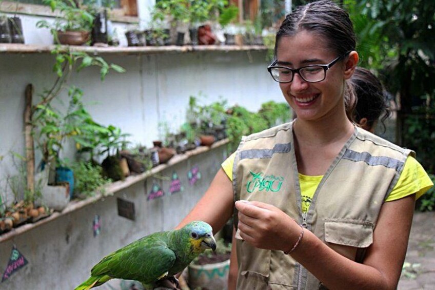 A person wearing a vest with a logo, holding a green parrot. 2