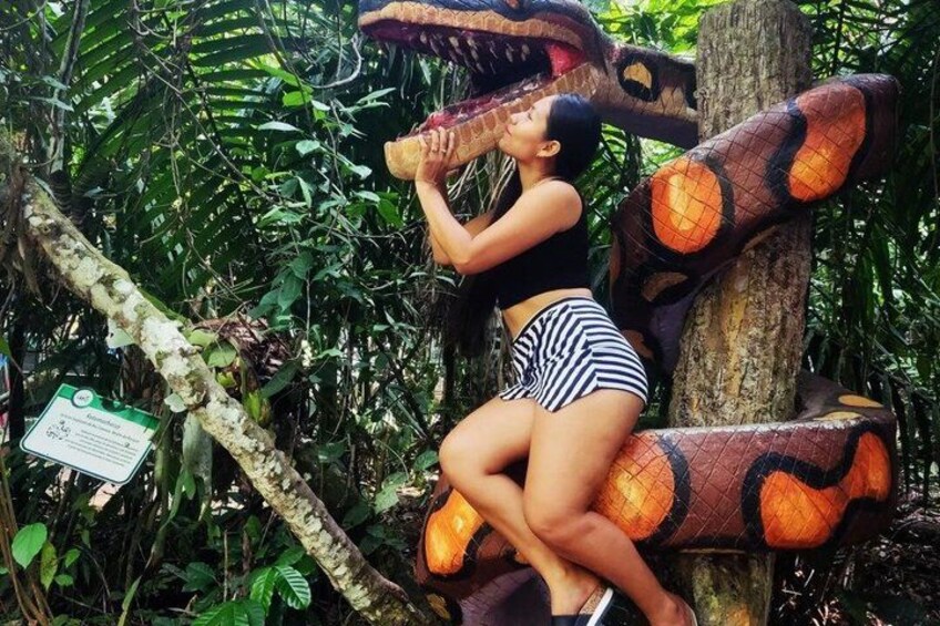 A person sitting on a tree branch in a jungle, holding a large snake. 3
