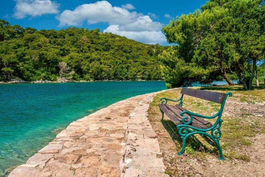 A stone pathway leading to a bench by a turquoise lake, surrounded by lush greenery and trees. 5