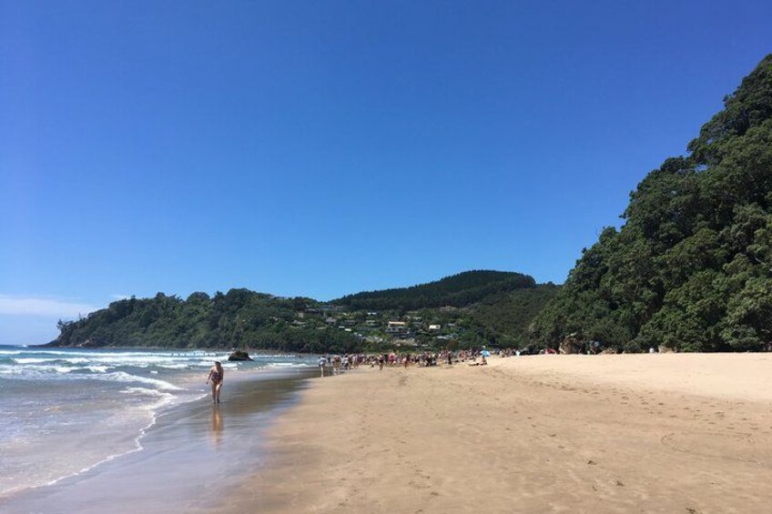 A beach with people walking, a clear sky, and a forested hill in the background. 3