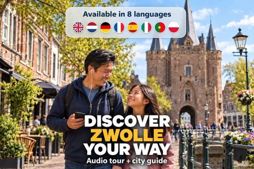 A couple walking on a street with historic buildings, a canal, and a castle in the background. 1
