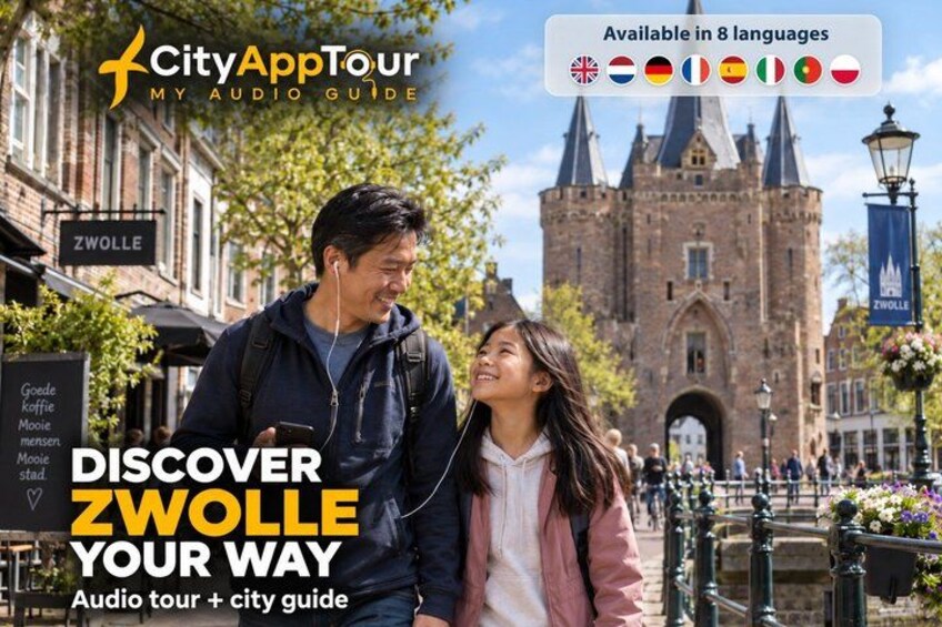 A couple walking in a historic European town square with a castle in the background. 1