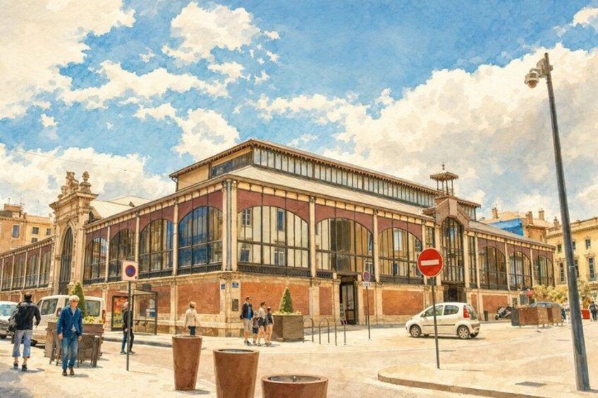 A classical building with arched windows and a red brick facade, a no-entry sign, and a street with pedestrians and cars. 5