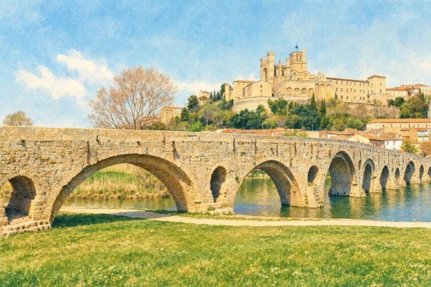 A stone bridge with multiple arches over a river, leading to a historic building with towers. 4