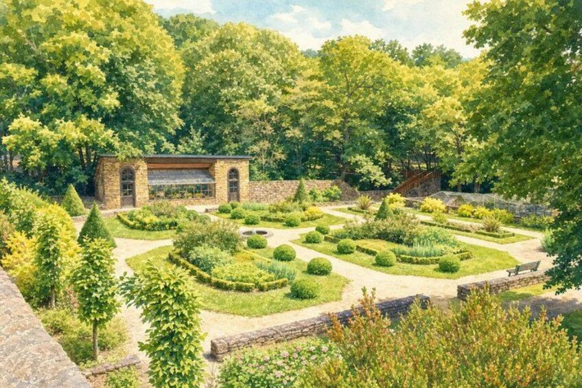 A well-manicured garden with a stone structure, neatly trimmed hedges, and a variety of trees. 2