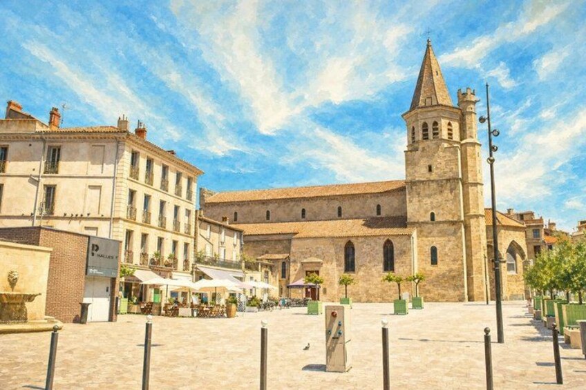 A historic square with a prominent church featuring a tall bell tower, surrounded by traditional buildings and outdoor seating areas. 3