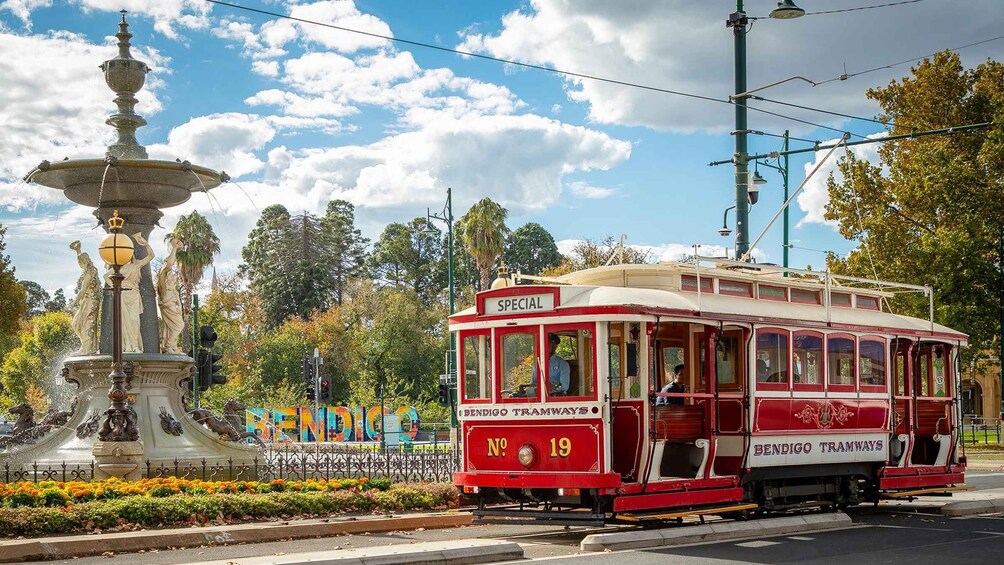 A red and white tram with the number 19 and the name 'SPECIAL' on it, traveling on a track. 1