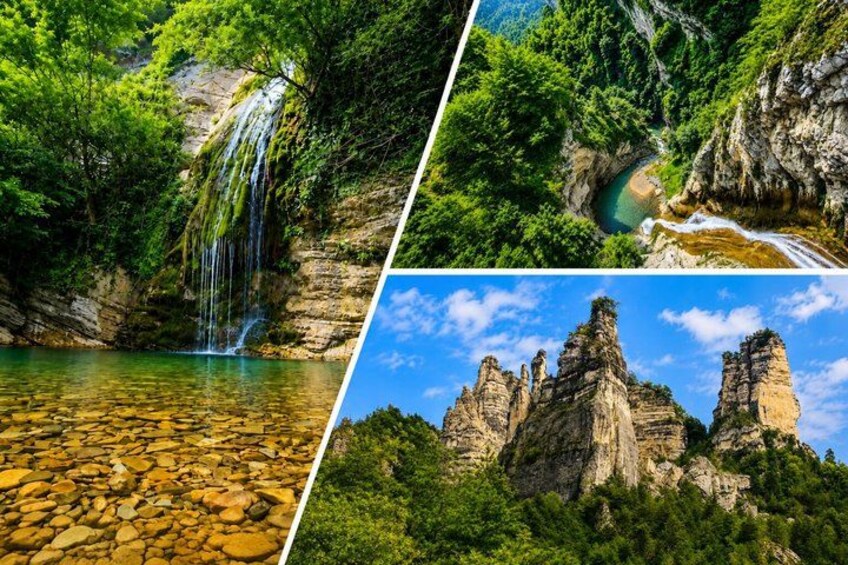 A waterfall, a river, and rock formations. 1