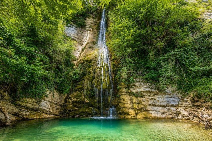 A waterfall cascading into a clear pool surrounded by lush greenery. 3