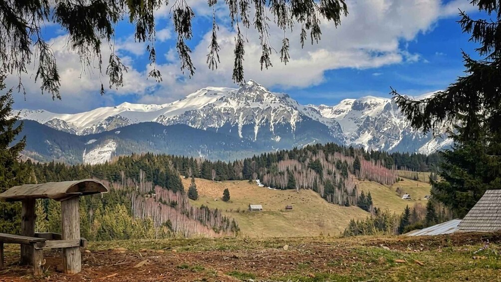 Gebirgslandschaft mit einer hölzernen Bank im Vordergrund, schneebedeckten Gipfeln im Hintergrund und einem bewaldeten Tal. 2