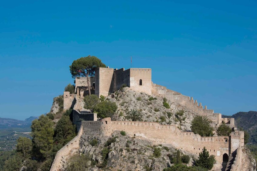 A historic stone fortress on a hill with a clear sky. 5