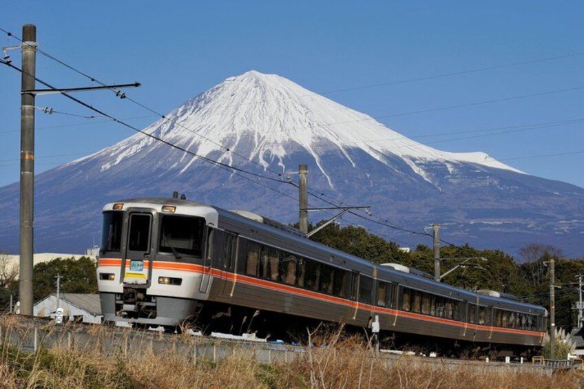 A train with a red stripe, a snow-capped mountain in the background, and power lines. 1