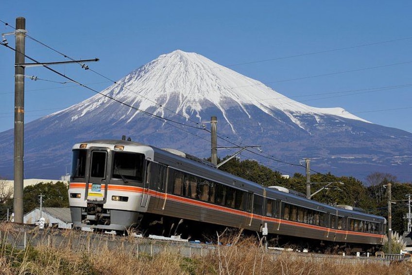 A train with a mountainous background. 1