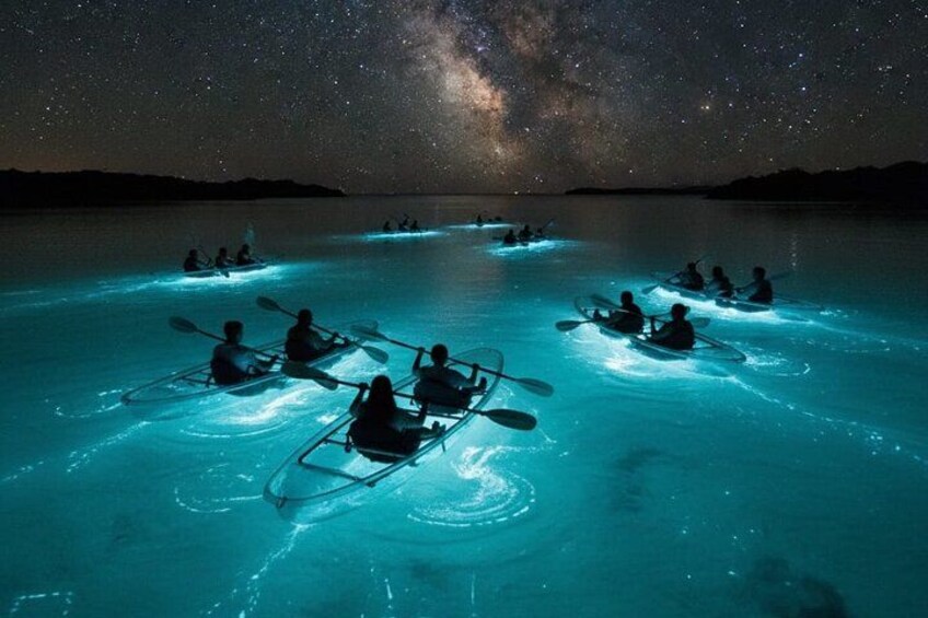 People kayaking on a frozen lake under a starry night sky. 1