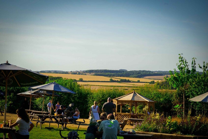 A group of people sitting at tables under umbrellas, with a view of rolling hills and fields in the background. 3