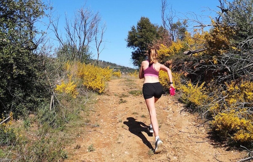 Une personne marchant sur un sentier de terre, entourée d’arbustes et d’arbres aux fleurs jaunes. 3