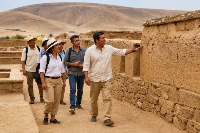 A group of people walking along an ancient stone wall in a desert landscape. 3