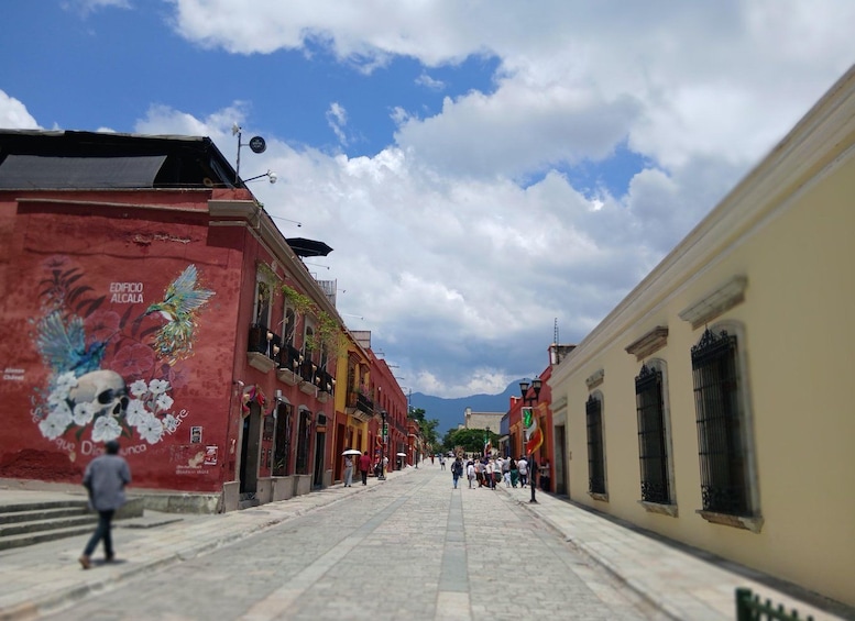 A cobblestone street lined with colorful buildings, a mural on the left, and a clear sky. 5