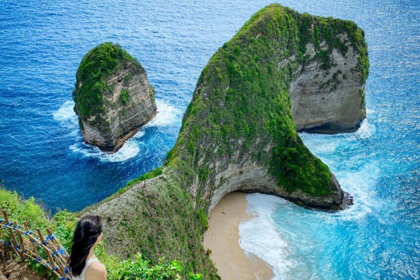 A coastal landscape with a large rock formation covered in green vegetation, a sandy beach, and the ocean. 5
