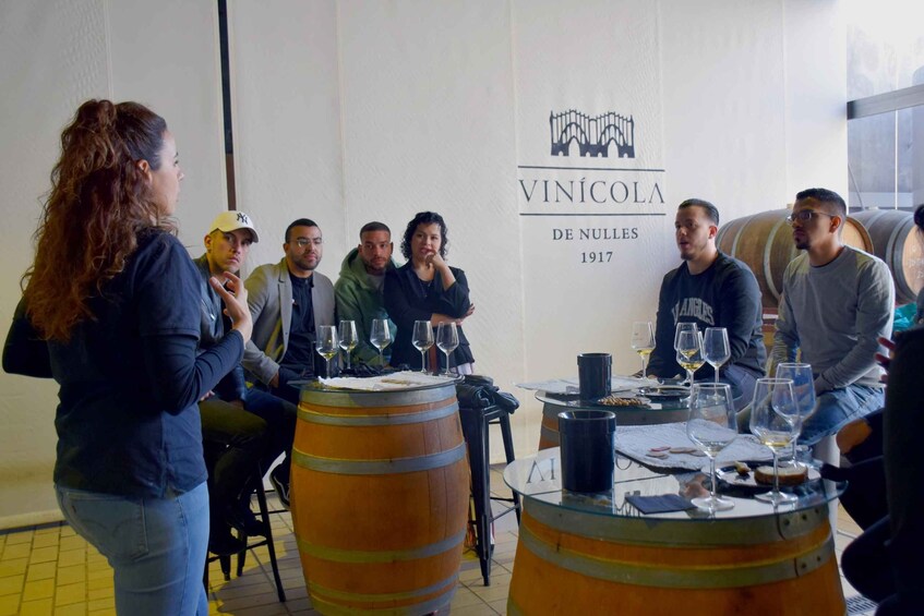 A group of people seated around a table with wine glasses and barrels, in a room with a sign reading 'VINÍCOLA DE NULLES 1917'. 5