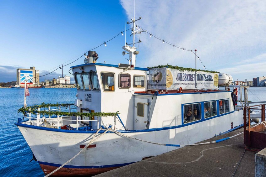 A white and blue boat docked at a pier with a cityscape in the background. 3