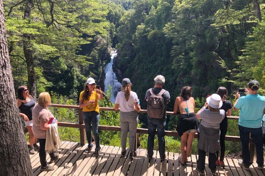 A group of people standing on a wooden deck overlooking a waterfall in a forested area. 4