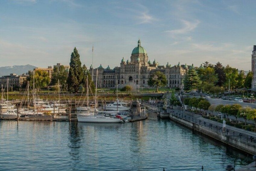 A marina with boats, a large building with a dome, and a park with trees. 3