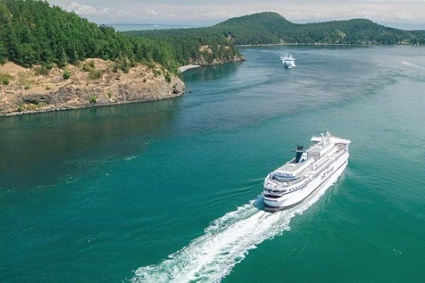A cruise ship traveling through a turquoise body of water with a forested coastline and hills in the background. 2