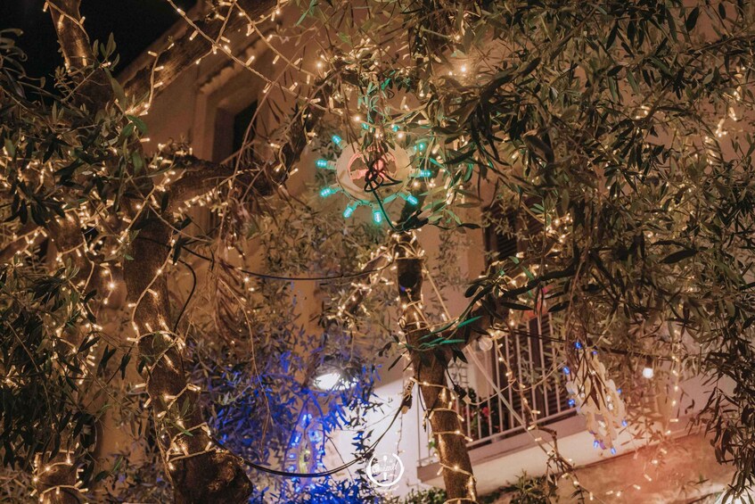 A tree decorated with string lights and a decorative snowflake. 1